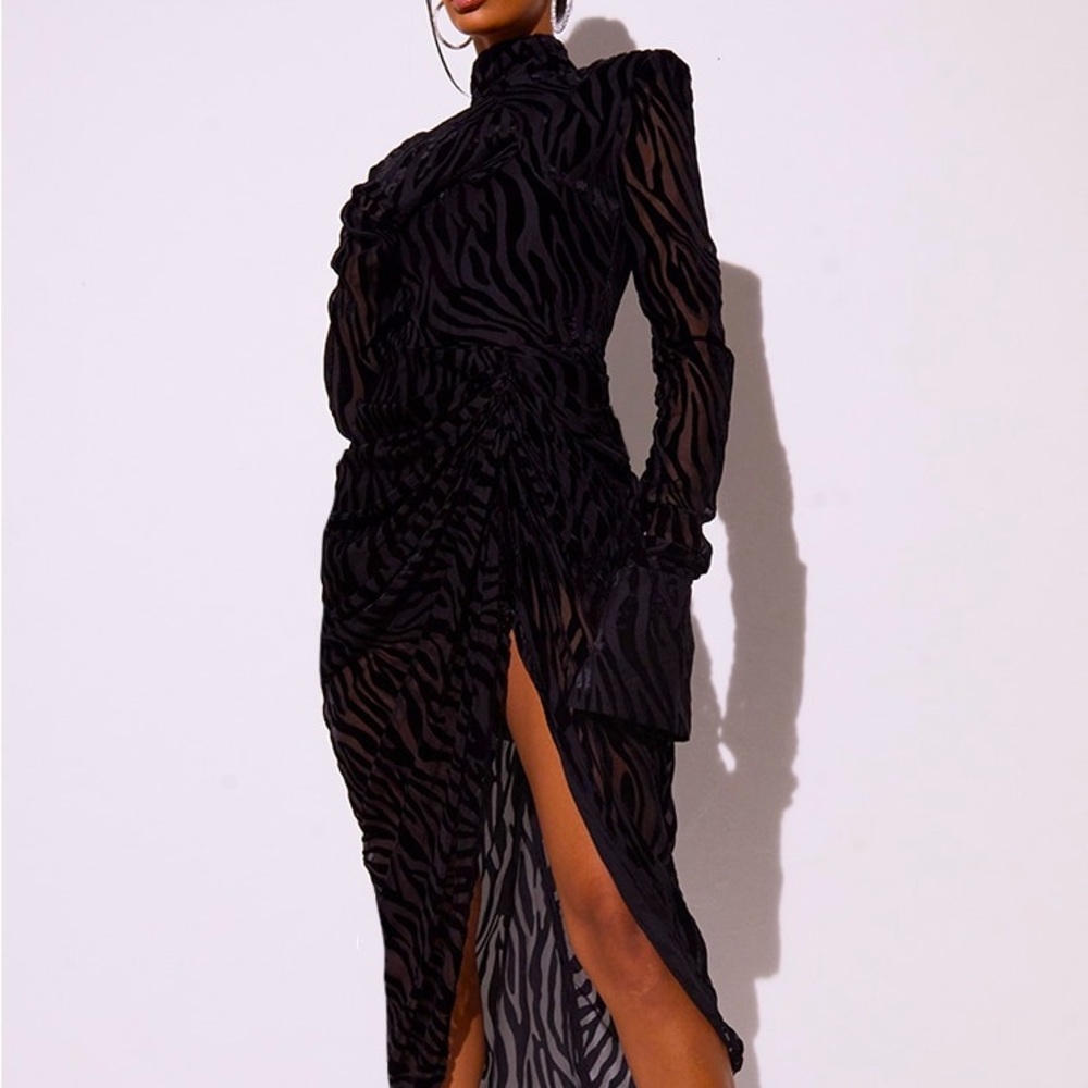 Pretty Little Thing Black Zebra Devore High Neck Draped Midi Dress Size 10
